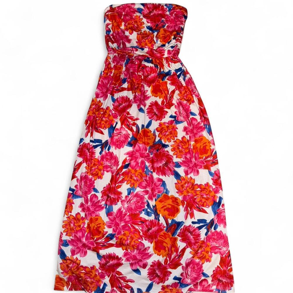 Pink & Orange Floral Tropical Strapless Maxi Dress Large